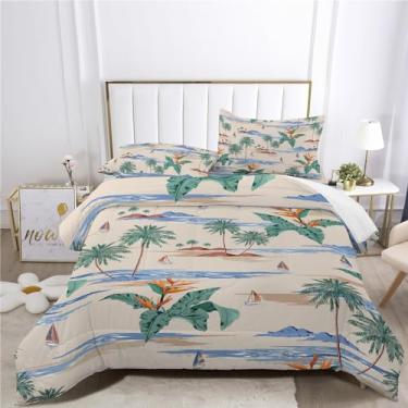 Imagem de Faeralei Conjunto de edredom Sunset Coco para cama em um saco, 7 peças, Beach Coconut Grove Island, incluindo 1 lençol com elástico + 1 edredom + 4 fronhas + 1 lençol de cima (B, cama queen em uma