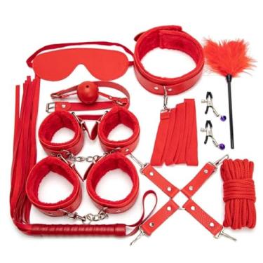 Imagem de Kits de Couro Sexy Para Casais, Conjunto Sexual, Algemas, Jogos Sexuais, Chicote, Mordaça, Mamilos, 10 Peças Acessórios Exóticos (Vermelho)