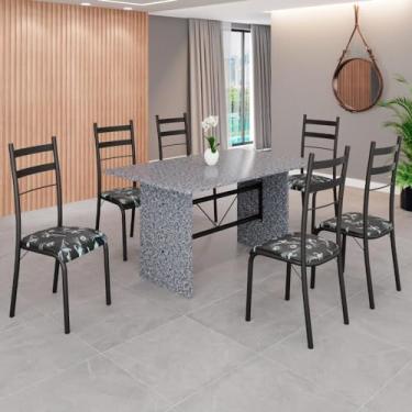 Imagem de Conjunto Sala de Jantar Mesa Retangular 140x75cm Tampo Granito Ocre 6 Cadeiras Marselha Preto Floral/Preto Fosco