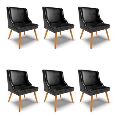 Imagem de Kit 6 Cadeiras Estofadas Para Sala De Jantar Pés Palito Lia Sintético Premium Preto - Ibiza
