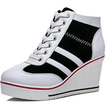 Imagem de ALLINNINE Tênis feminino de salto alto moderno de lona cano alto com cadarço borda cunha zíper inclinado sapatos tamanho 4-11, B Branco e preto, 33