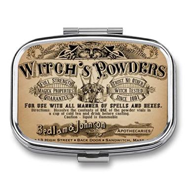 Imagem de DingRound Organizador de comprimidos de metal com 2 compartimentos, portátil, caixa compacta para guardar vitaminas/Tylenol/óleo de peixe/suplementos/comprimidos (pós de bruxa vintage), 4 x 2 x 0,9
