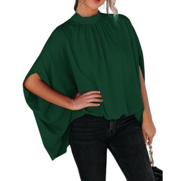 Imagem de FSHAOES Blusas femininas de verão grandes gola redonda plissada manga morcego drapeada túnica elegante capa camisa tops, Verde escuro - 1, M