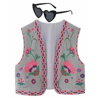 Imagem de Colete bordado feminino vintage bordado floral colete aberto frente blusa cortada colete (Color : C, Size : Small)