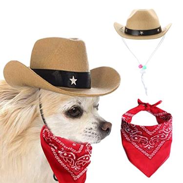 Imagem de AWOCAN Chapéu de cowboy e lenço bandana para cachorro gato sombrero chapéu cachorro gato fantasia cosplay boné filhote cachorro cão gato feriado decoração de festa de animal de estimação (Cáqui)
