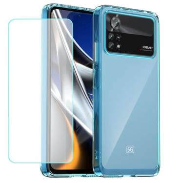 Imagem de Wanyuexes Capa para Poco X4 Pro 5G Capa 2201116PG com protetor de tela de vidro temperado, antiamarelamento transparente rígido PC traseiro e capa protetora de TPU para Xiaomi Poco X4 Pro 5G azul