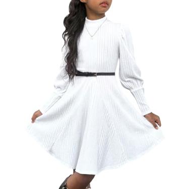 Imagem de SHENHE Vestido feminino de malha canelada gola redonda longa manga bispo fofo flare suéter, Branco, 9 Anos