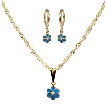 Imagem de Conjunto Infantil Colar Brinco Flor Margarida Azul Resinada Folheado Ouro 18k Antialérgico