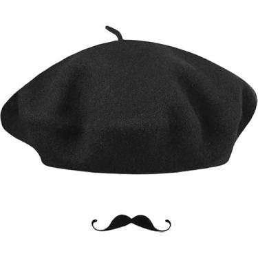 Imagem de OVOY Boina francesa, bigode, acessório para fantasia de Dia das Bruxas, masculinas, mulheres, mistura de lã, inverno, quente, gorro, Preto, M