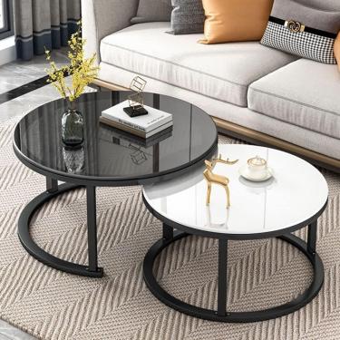 Imagem de Mesa de centro moderna para sala de estar Conjunto de mesa de centro aninhada com 2 mesas laterais empilháveis ​​Tampo de mesa de vidro temperado liso para sala de estar, mesas redondas de s