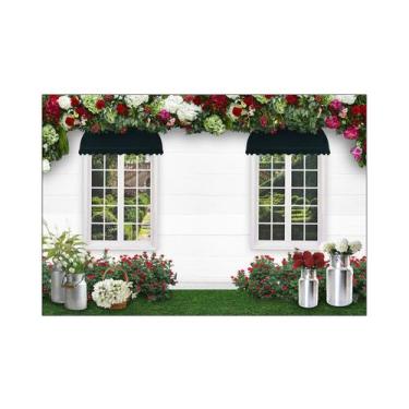Imagem de Fundo Fotográfico 2,20 x 1,50 - Janelas Brancas com Flores e Vasos 018