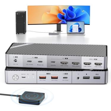 Imagem de Minisopuru Estação de ancoragem com switch KVM de monitor duplo para laptop e desktop – com HDMI 4K a 60Hz, carregamento de 15 W, EDID, 5 USB A USB-C, áudio, para Thunderbolt 5/4/3, laptops USB-C