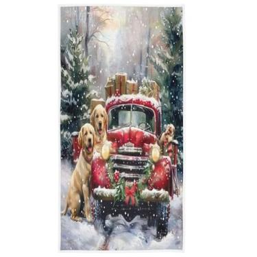Imagem de Pano de prato de caminhão vermelho de Natal para cães, flocos de neve, árvore de Natal, boneco de neve, cozinha, banheiro, 45 x 71 cm, super absorvente, sem fiapos, pano de limpeza, barra de chá, toalha macia, decoração de férias, conjunto de 1