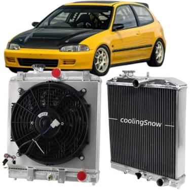 Imagem de CoolingSnow Radiador de núcleo de 4 fileiras para Honda Civic EJ EK EG DEL D15 D16 1992-2000 radiadores de alumínio completo + ventilador de proteção + kits de relé de termostato, kits de relé de ventilador de cobertura de radiador de núcleo de 4 fileiras