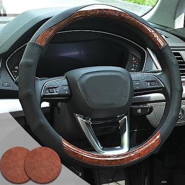 Imagem de Muamos Capa de volante de madeira para volante de carro de grão de madeira 14,5-15 polegadas com porta-copos de microfibra couro emenda respirável antiderrapante durável universal protetor de volante automático