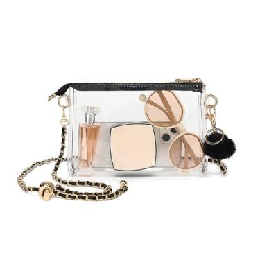 Imagem de YGR Bolsa feminina transparente aprovada pelo estádio PVC pequena bolsa transversal para shows, eventos esportivos, presente de festa de formatura, Bola de madeira preta