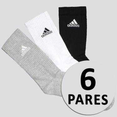 Imagem de Kit Meia Adidas Logo Cano Alto 6 Pares Branca Preta e Cinza, M