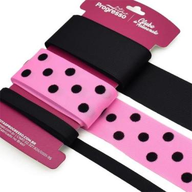Imagem de Kit Fita Gorgurão Linha Velvet Poá Rosa com Preto - 10 e 38mm 3 Metros