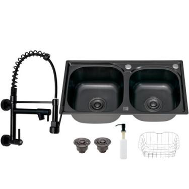 Imagem de Kit Cuba Cozinha Gourmet Dupla C/ Torneira Parede Preta - Holtter Home