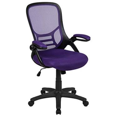 Imagem de Flash Furniture Cadeira de escritório giratória ergonômica com encosto alto Porter com suporte lombar, braços flip-up, trava inclinada/tensão de inclinação, altura ajustável, moldura roxa/preta