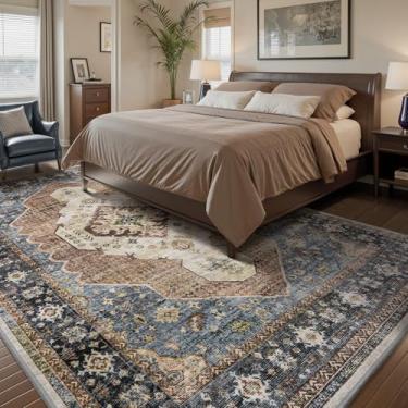 Imagem de Engiw - Tapete lavável, 15 x 23 cm, para quarto, sala de estar, sala de jantar, casa, escritório, vintage, tradicional, macio, aconchegante, antiderrapante, azul marinho, ferrugem