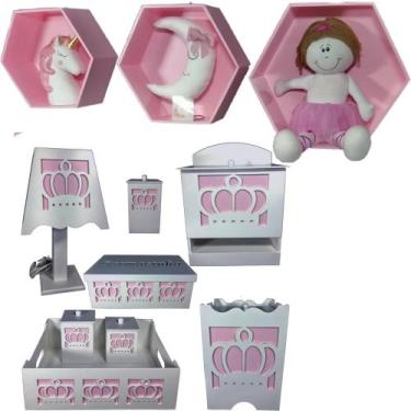 Imagem de Kit Higiene bebê mdf 8 pçs + 3 Nichos Rosa - COROA MENINA (Pronta Entr