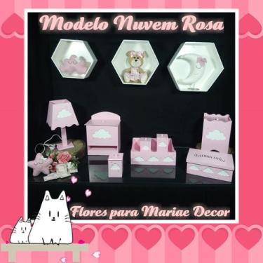 Imagem de Kit Higiene bebê mdf 8 pçs + 3 Nichos Brancos - NUVEM ROSA (Pronta Ent
