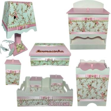 Imagem de Kit Higiene bebê Mdf menina 8 pçs - BRANCO FLORIDO PEROLAS TAMPAS ROSA