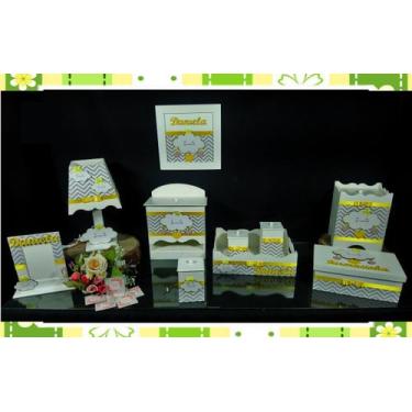 Imagem de Kit Higiene bebê Mdf 10 peças - CHUVA DE AMOR CHEVRON CINZA COM AMAREL