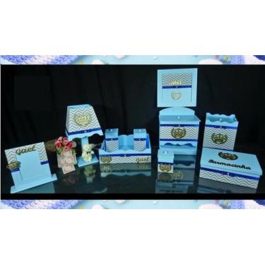 Imagem de Kit Higiene bebê Mdf 10 peças -  AZUL BB CHEVRON CINZA DE COROA - Flor