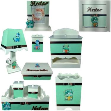 Imagem de Kit Higiene bebê Mdf 10 peças Dinossauro Verde Claro BB - Flores para 
