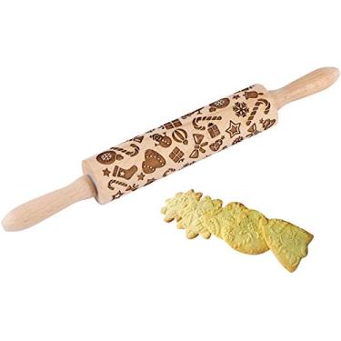 Imagem de Rolo de massa de madeira de Natal, molde de rena 3D, decoração em relevo, ferramentas de cozimento com padrão de Natal (elementos de Natal)