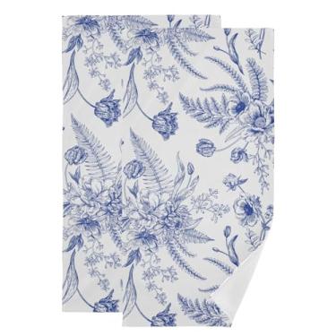 Imagem de HUAZHIKOU Toalhas de mão florais brancas azuis para banheiro conjunto de 2 toalhas de prato de microfibra vintage jardim samambaia flor botânica cozinha chinoiserie toalha de banheiro decorativa para
