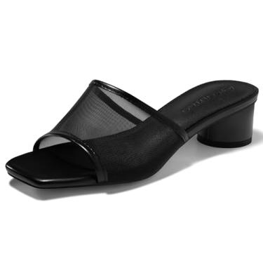 Imagem de Coutgo Sandálias femininas deslizantes de malha salto grosso mules bico aberto sapato social sem cadarço verão, Preto, 40