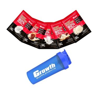 Imagem de Combo - Whey Protein Concentrado 30g em Sachê (5un - Natural, cappuccino, leite em pó, sorvete de creme e doce de leite) + Coqueteleira 600ml Azul- Growth