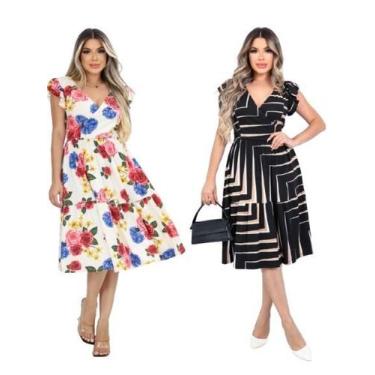 Imagem de Kit 2 Vestido Feminino Midi Decote V Amarração Cintura Saia Godê Malha