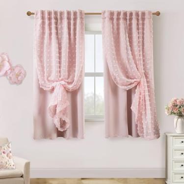 Imagem de Lino Rosa Cortinas blackout de 182 cm de comprimento, rosa pálido pompom boucle padronizado transparente de camada dupla cortinas blackout para quarto de berçário cortinas para Cuarto De Niña
