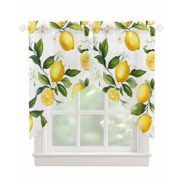 Imagem de Cortinas de verão com estampa de limão para janelas, folhas, amarelas, semitransparentes, campo, flor, voile, swags para cozinha, sala de estar, quarto, 2 painéis, 91 x 91 cm