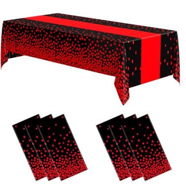 Imagem de Oudain Toalha de mesa para festas, toalha de mesa de plástico estampada, impermeável, descartável, retangular, para festa de aniversário, casamento, formatura, 137 x 274 cm (preto e vermelho, 12 peças
