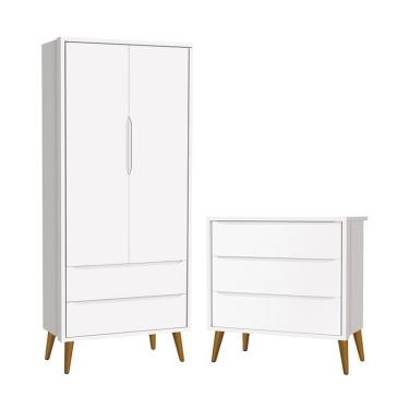 Imagem de Jogo de Quarto Infantil Theo Retrô Guarda Roupa 2 Portas e Cômoda com Pés Amadeirado - Reller Móveis Branco Fosco