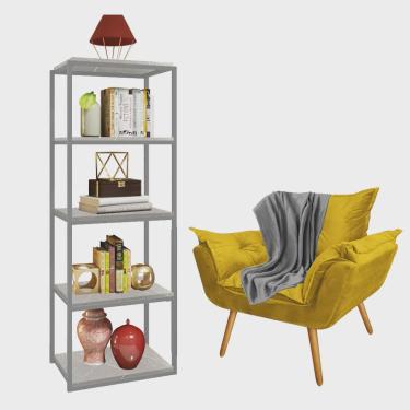 Imagem de Kit Poltrona Fatte com Manta Soft Cinza e Estante Livreiro Ferro Cinza mdf Marmorizado Cinza Suede Amarelo - Ahz Móveis