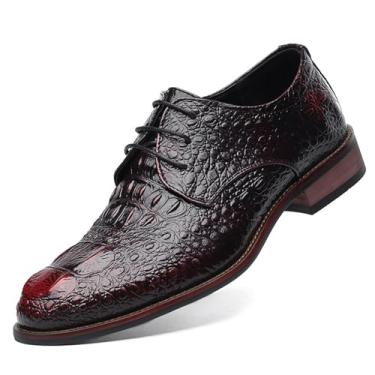 Imagem de Sapato social masculino de crocodilo com cadarço e bico redondo com estampa de crocodilo, sapatos clássicos de negócios formais Derby para homens, Vinho tinto, 39