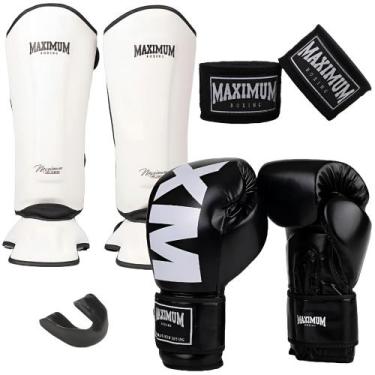 Imagem de Kit Luva Muay Thai Mxm Black + Caneleira Classic White + Bandagem 3M +