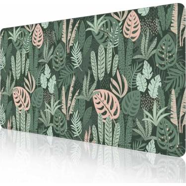 Imagem de Mouse pad para jogos, base de borracha antiderrapante grande, tapete de mouse com teclado, tapete de mesa com bordas costuradas, 90 x 40 cm, folhas tropicais