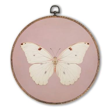 Imagem de Hxlac Arte de parede redonda rosa borboleta branca vintage emoldurada, decoração de parede redonda de borboleta mal-humorada neutra com inserção retrô para pendurar em tela, esculturas de parede para