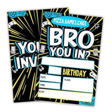 Imagem de JCVUK Cartão de convite de festa de aniversário neon - Bro You In? - Cartão de convite de preenchimento dupla face 4 x 6 com 20 envelopes para meninos - Lembranças e suprimentos de festa de