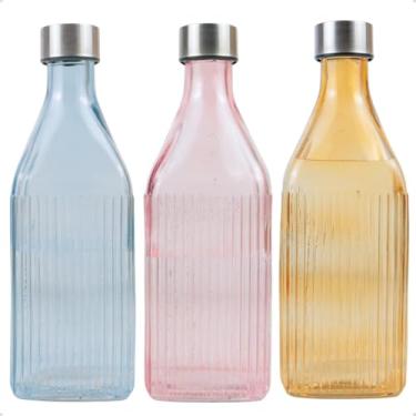 Imagem de Kit 3 Garrafas Quadrada De Vidro Canelado com Tampa 1l Colorida para Geladeira (Azul - Rosa - Âmbar)