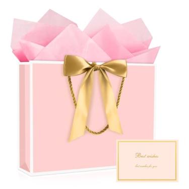 Imagem de JMANNI Sacos de presente, 1 bolsa de presente grande com fita e 1 cartão de felicitações, 2 papel de seda, saco de presente de papel portátil com alças, sacos de presente de aniversário, sacos de