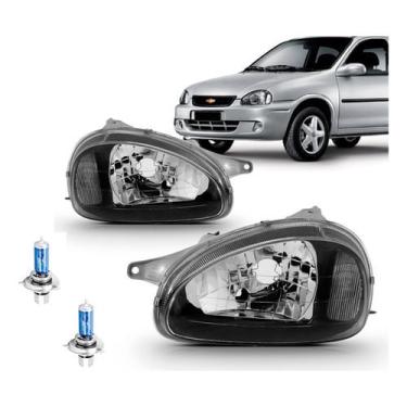 Imagem de Kit par farol corsa 2001 carcaca cinza moldura preta + par lampada H4 super branca