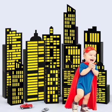 Imagem de Dunzoom 16 caixas grandes de lembrancinhas de festa de heróis com 10 peças, caixa de presente de arranha-céus, cidade de arranha-céus, diferentes tamanhos, peça central de heróis 3D para decoração de